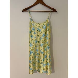 Avon Garden Floral Yellow Blue Hydrangea Vintage Slip Dress Chemise Satin M EUC